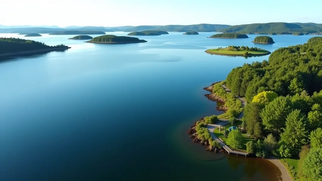 Aerial view of multiple small forested islands scattered across blue water with boardwalk visible along shoreline
