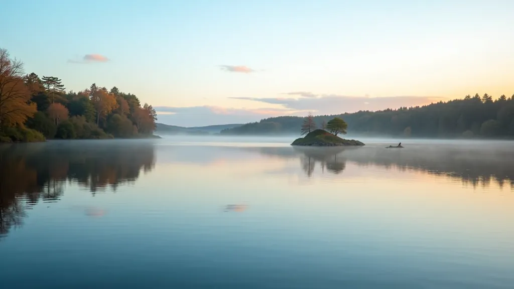 Scenic view of Lough Key island with trees reflected in calm blue water during golden hour sunset