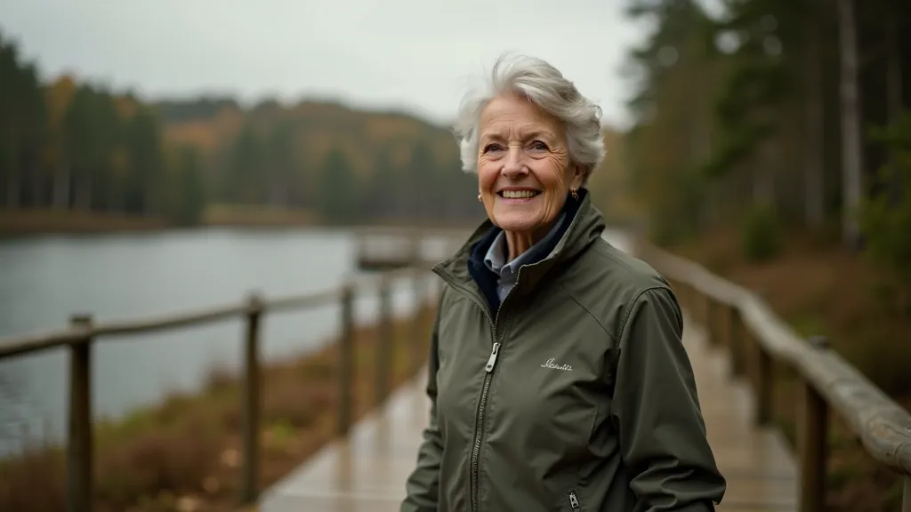 Senior woman walking along peaceful forest boardwalk with water view, wearing comfortable outdoor clothing
