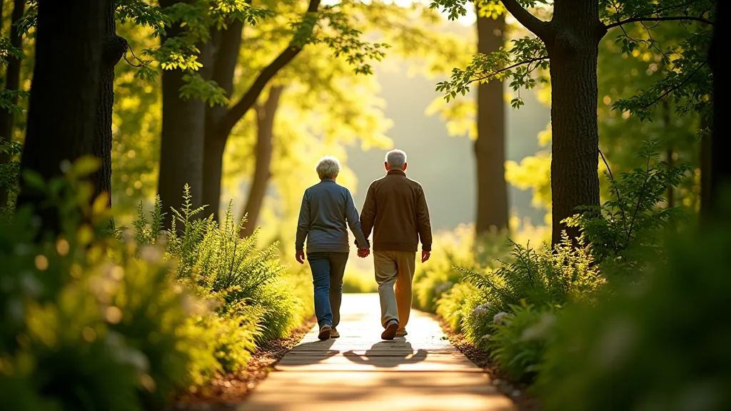 Seniors enjoying a peaceful walk on a forest boardwalk surrounded by green trees and natural light