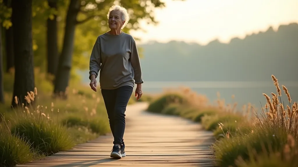 Senior person walking on wooden boardwalk trail, forest canopy overhead, peaceful morning light filtering through trees