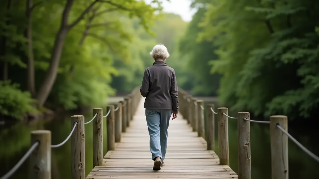 Mature senior walking along peaceful wooden boardwalk surrounded by tall green trees and calm water reflection
