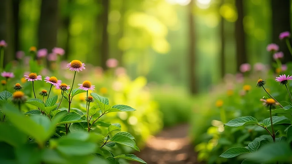 Close-up of native forest plants and wildflowers blooming along a natural trail edge