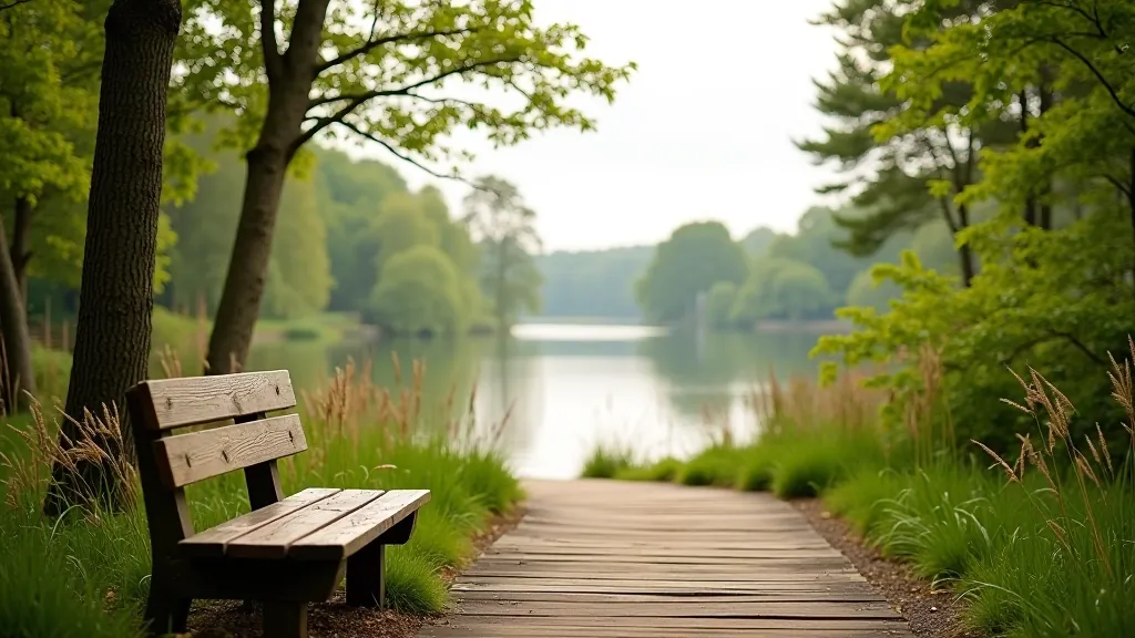 Wooden bench positioned on the boardwalk with forest views