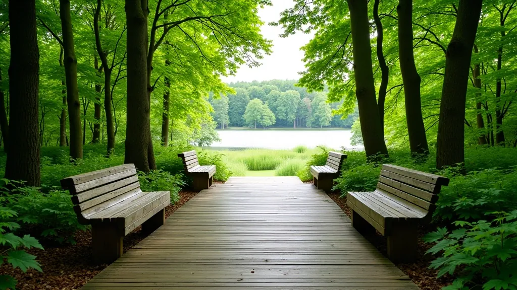Wooden boardwalk pathway through green forest with benches visible in distance and water visible through trees